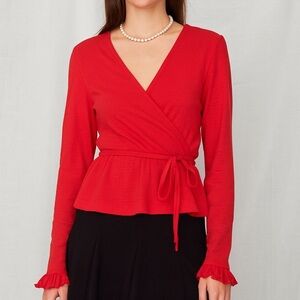 Lightweight 100 % Wool Red Wrap Blouse w/ Ruffled sleeves size M